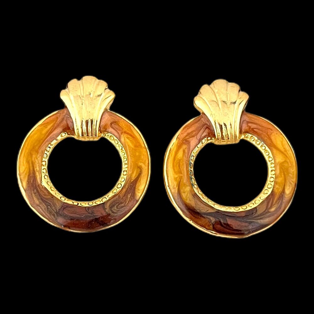 Vintage 1980s Gold Tone Door Knocker Style Earrings Brown Shimmer Enamel - 3H